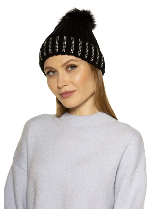 Darla Knitted Beanie With Rhinestones And Pom Pom