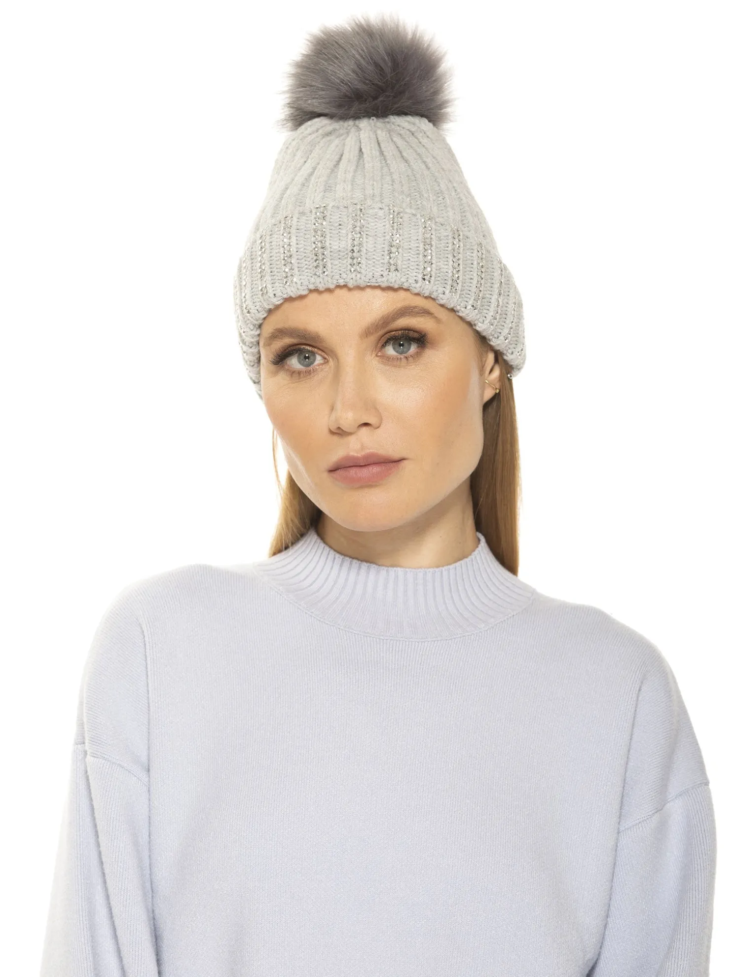 Darla Knitted Beanie With Rhinestones And Pom Pom